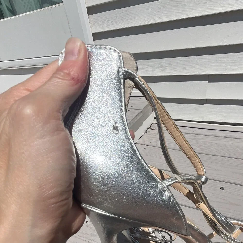 Jewel Badgley Mischka Silver Strappy Crystal Open Toe Stiletto Zip Heel US 10
